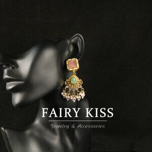 Vintage Gold Tone Pink Bead Drop Earrings